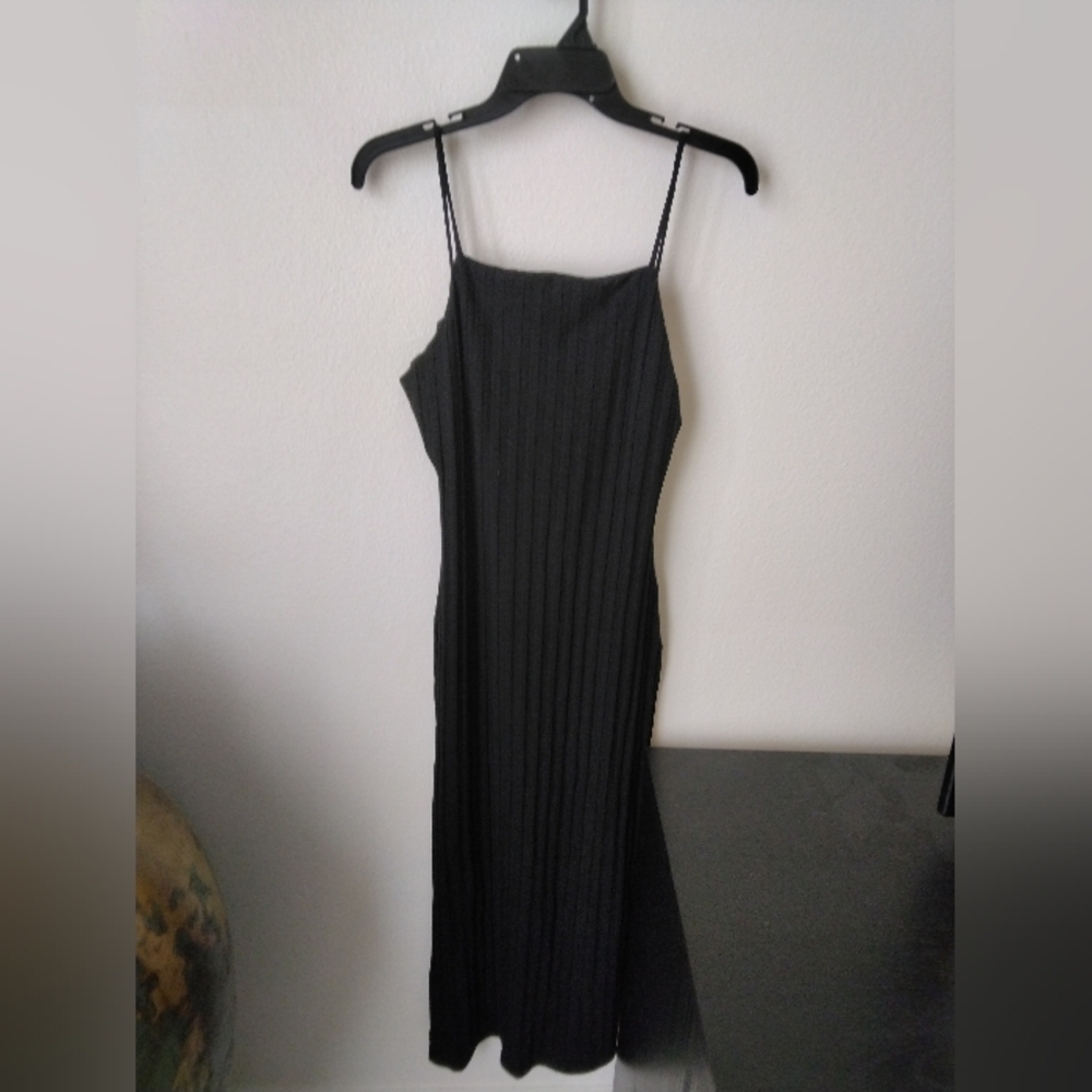 Reformation Women's Ribbed Square Neck Midi Dress Size M Black Minimalist